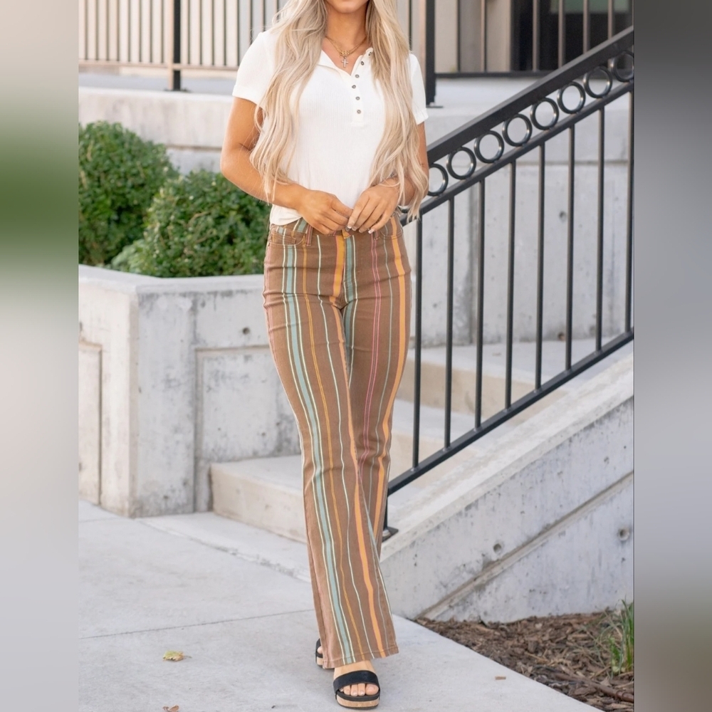 Judy Blue Mid Rise Classic Flare Jeans Retro Tan Blue Striped Stretch 1/25 - Picture 5 of 12